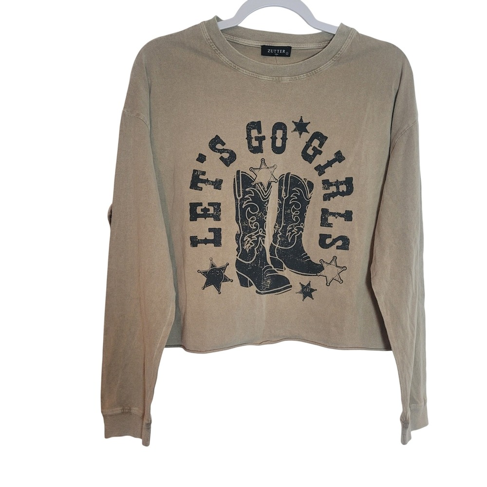 Zutter Lets Go Girls Cowboy Boot Crop Long Sleeve Graphic Tee Small Western NEW